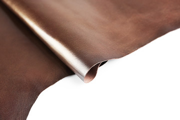 Dark brown leather on white background, close up
