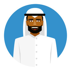 Round icon with smiling arab man in traditional muslim hat.