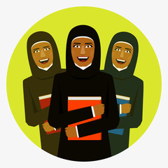 Round emblem smiling Arab women students with books.