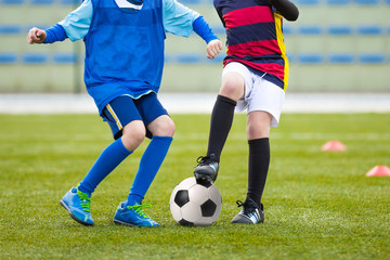 Kids Playing Soccer Football. Soccer Match of Youth Teams. Footb