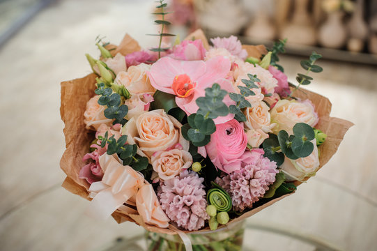 beautiful white, pink, purple flower romantic bouquet