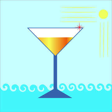 martini glass on a background of the sun, sea and blue sky