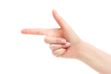 Female index finger on a white background.
