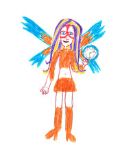 Color child's drawing drawn with markers. Colourful fairy on a white background.