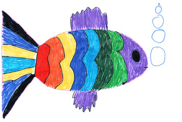 Color child's drawing drawn with markers. Bright fish on a white background.
