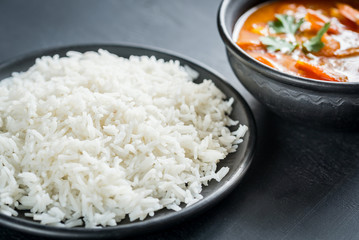 Thai yellow curry with seafood and white rice