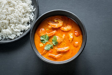 Thai yellow curry with seafood and white rice - obrazy, fototapety, plakaty