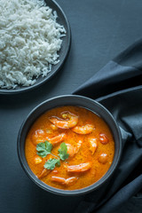 Thai yellow curry with seafood and white rice