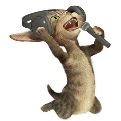 Obraz premium Cat listens to music on headphones and sings into the microphone. 3d illustration. Isolated white background.