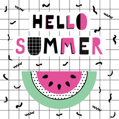 Obraz premium Hello Summer Poster with watermelon. Vector illustration