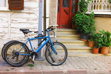 Fototapeta na wymiar bike standing near the entry to the house