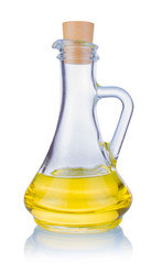 Glass bottle with oil on white background.
