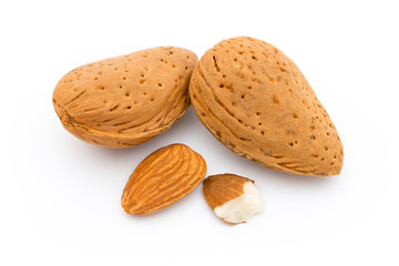 Group of almond nuts. Isolated on a white background.