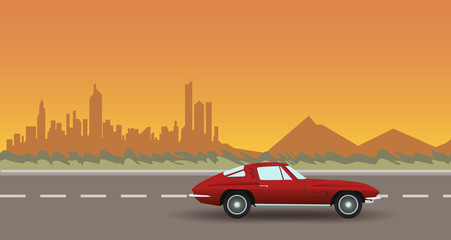 Car Road Landscape City on Sunset. Flat Vector Illustration