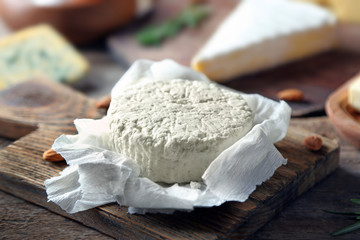 Set of dairy products on wooden table closeup