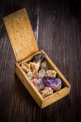 Wooden box with collection of rocks and minerals