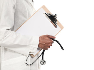 cropped image of a doctor holding clipboard and stethoscope.