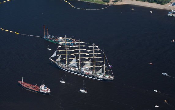 Regatta, sailing aerial view. Sailing boats and yachts. Tall shi
