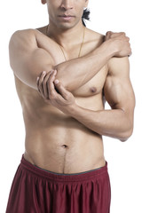 masculine man with elbow pain
