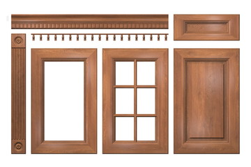 Front collection of isolated wooden doors, drawer, column, cornice for kitchen cabinet