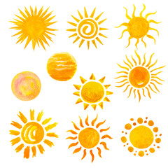 set of watercolor sun icons isolated on white. Hand painting 