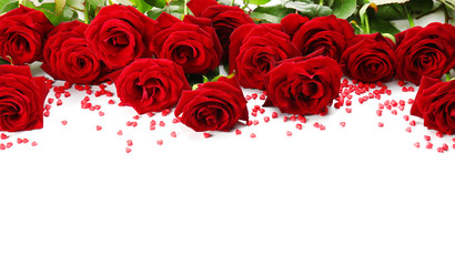 Bouquet of red roses with small hearts isolated on white