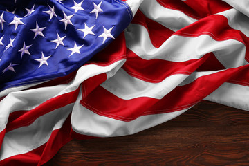 USA national flag on wooden background, close up