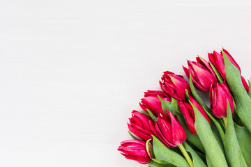 Bouquet of red tulips. Top view, copy space