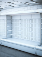 Opened empty refrigerator in the store. 3d rendering