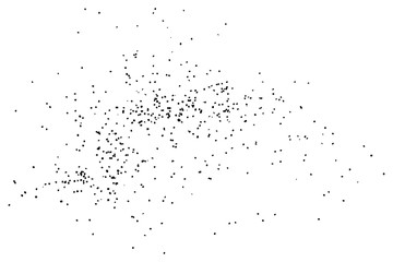 Grainy grunge abstract texture on white background. Random spread of black sparkles. Black glitter blow explosion on white background. Randomly sprayed twinkles and drops.