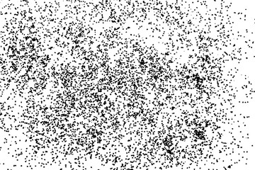 Grainy grunge abstract texture on white background. Random spread of black sparkles. Black glitter blow explosion on white background. Randomly sprayed twinkles and drops.