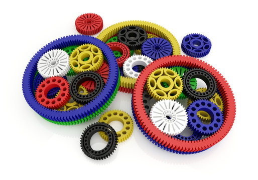 gears colored isolated on white background. 3d image