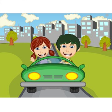 Happy Child on a car with city background cartoon
