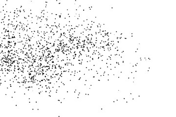 Grainy grunge abstract texture on white background. Random spread of black sparkles. Black glitter blow explosion on white background. Randomly sprayed twinkles and drops.