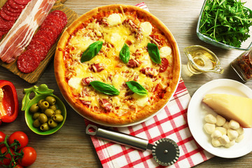 Delicious fresh homemade pizza, top view