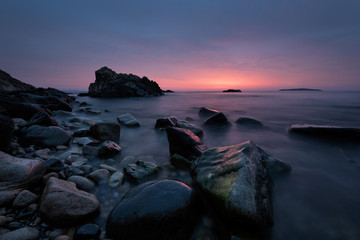 Before sunrise. Magnificent sunrise view in the blue hour at the Black sea coast, Bulgaria.