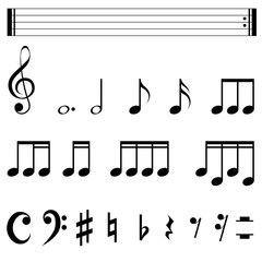 Standard music notation symbols black and white template.
