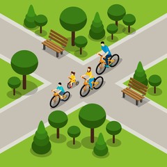 City Park Cycling Family Isometric Banner 