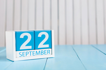 September 22nd. Image of september 22 wooden color calendar on white background. Autumn day. Empty space for text. World Carfree Day