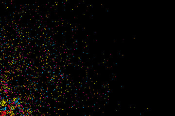 Abstract background with many splattered falling round glitter pieces. Sprinkle random pattern, confetti blow. Colorful celebration background with confetti isolated on black, holiday illustration.