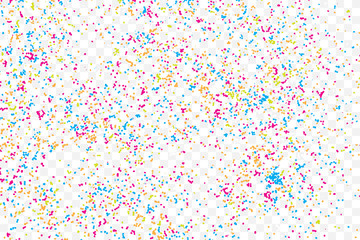 Transparent background with many falling tiny round random confetti, glitter and serpentine pieces blow and sprayed on transparent background. Isolated.