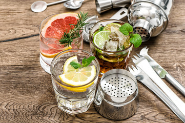 Fruit drinks Cocktail making bar tools, shaker, glasses