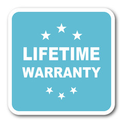 lifetime warranty blue square internet flat design icon