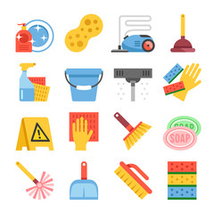 Cleaning tools and cleaning equipment flat icons set. Vector icons isolated on white background