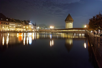 Night photos of Chapel Bridge in City of Lucern, Canton of Lucerne, Switzerland