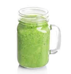 Jar of fresh avocado cocktail isolated on white