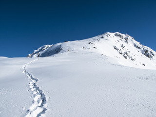 Early morning first track trough deep snow on mountain peak.