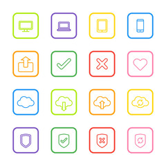 colorful line web icon set with rounded rectangle frame for web design, user interface (UI), infographic and mobile application (apps)