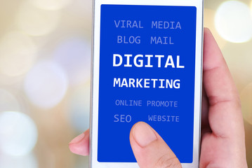 Digital marketing concept on smart phone screen background
