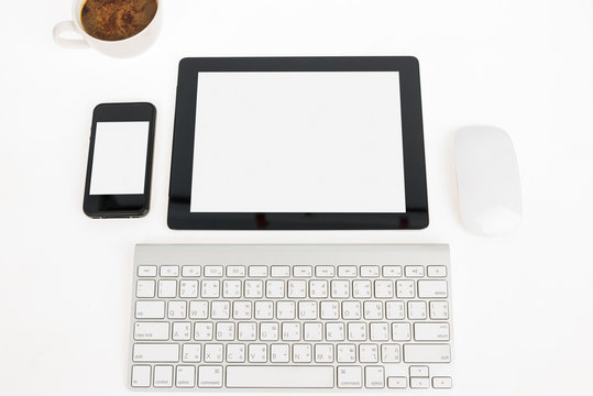Digital tablet touch pad computer with keyboard, mouse and coffe
